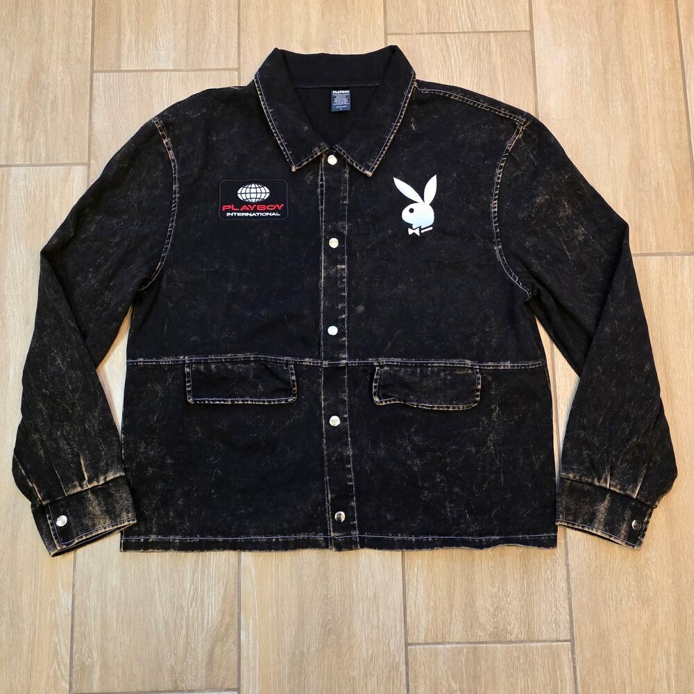 Playboy Denim Jacket Mens L Black Graphic Bunny Logo Streetwear Button Front
